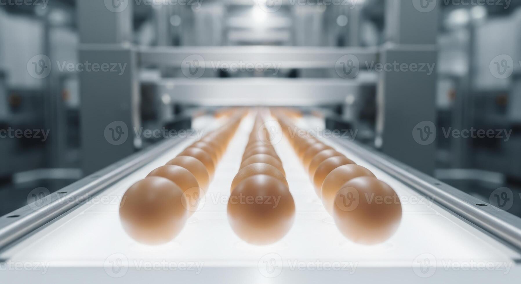 Organic brown eggs moving swiftly on illuminated conveyor belt in modern food factory photo