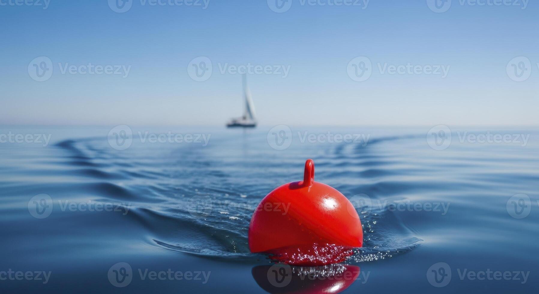 Vibrant red buoy floating on calm deep blue water with a distant sailboat and wake photo