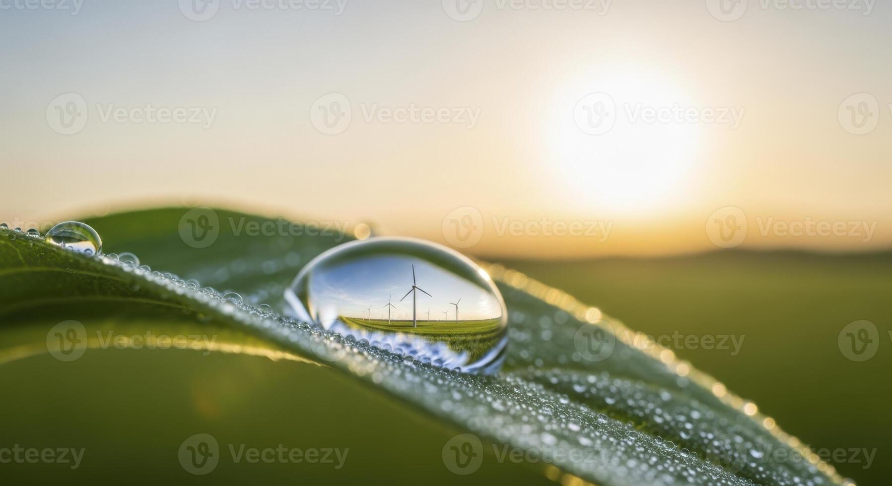 Dewdrop on green leaf reflecting wind turbines at sunrise for renewable energy photo