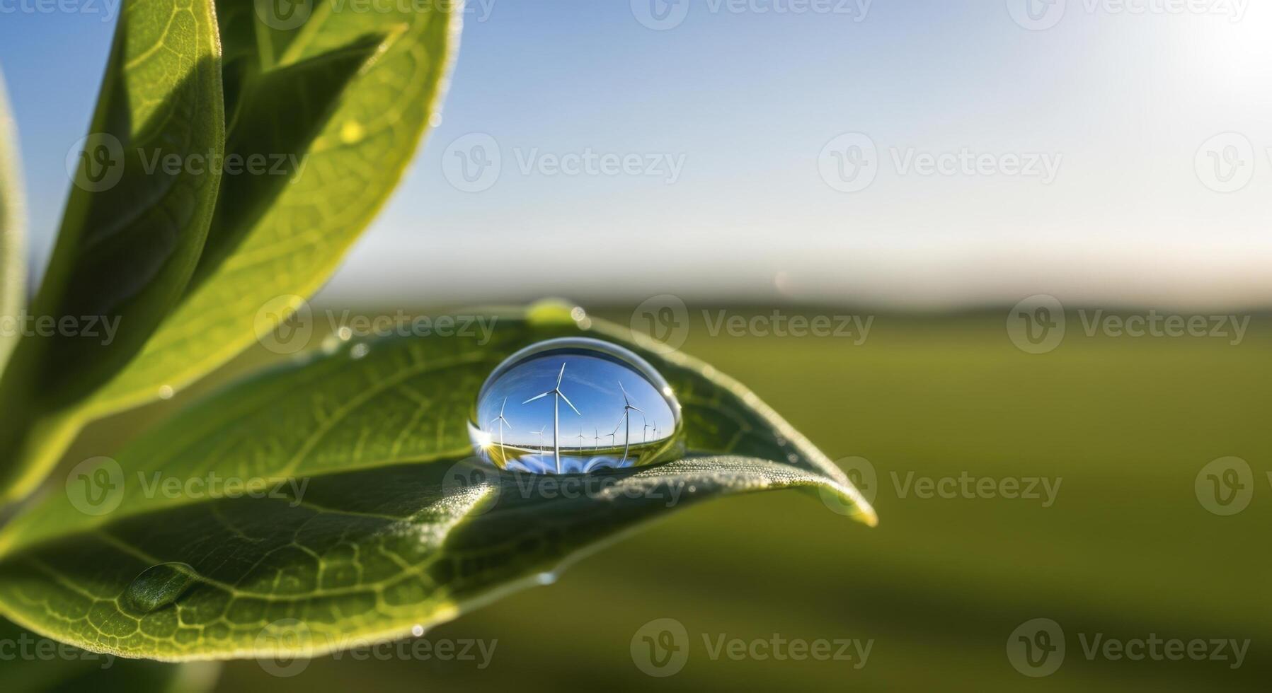 Water drop on fresh green leaf reflecting wind turbines in a field photo