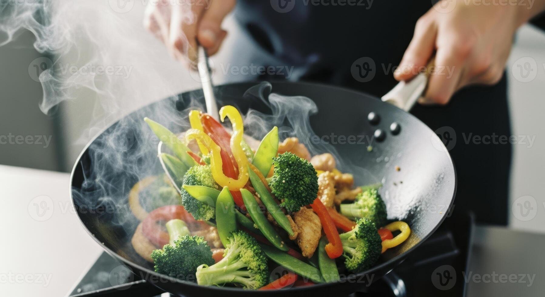 Professional chef tossing vibrant stir fry with fresh vegetables in steaming wok photo