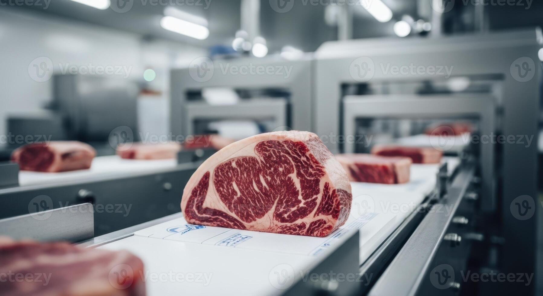 Premium marbled raw steak cuts moving on a modern meat processing conveyor belt photo