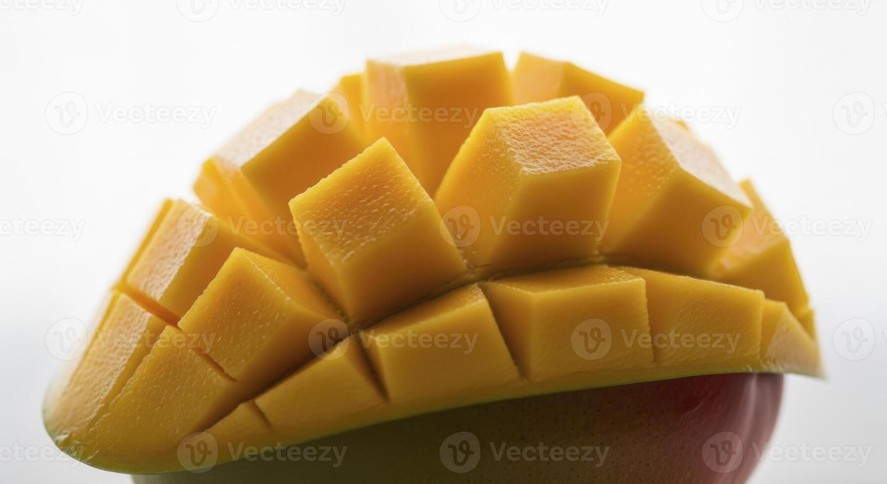 Close up of a perfectly ripe mango, expertly sliced and fanned out to reveal its vibrant golden flesh photo