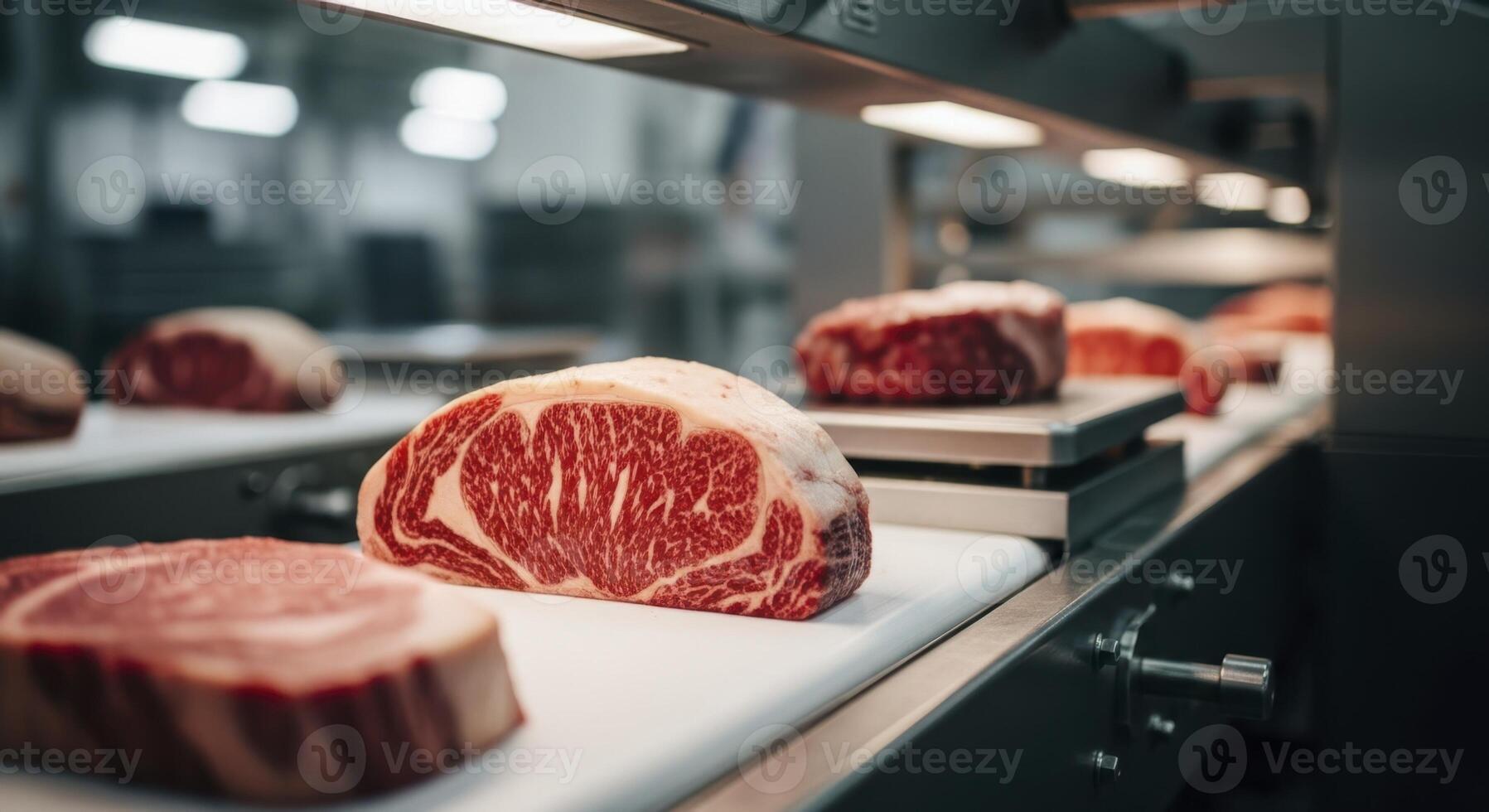 Perfectly aged marbled raw steak cuts on an automated conveyor belt in a meat processing facility photo