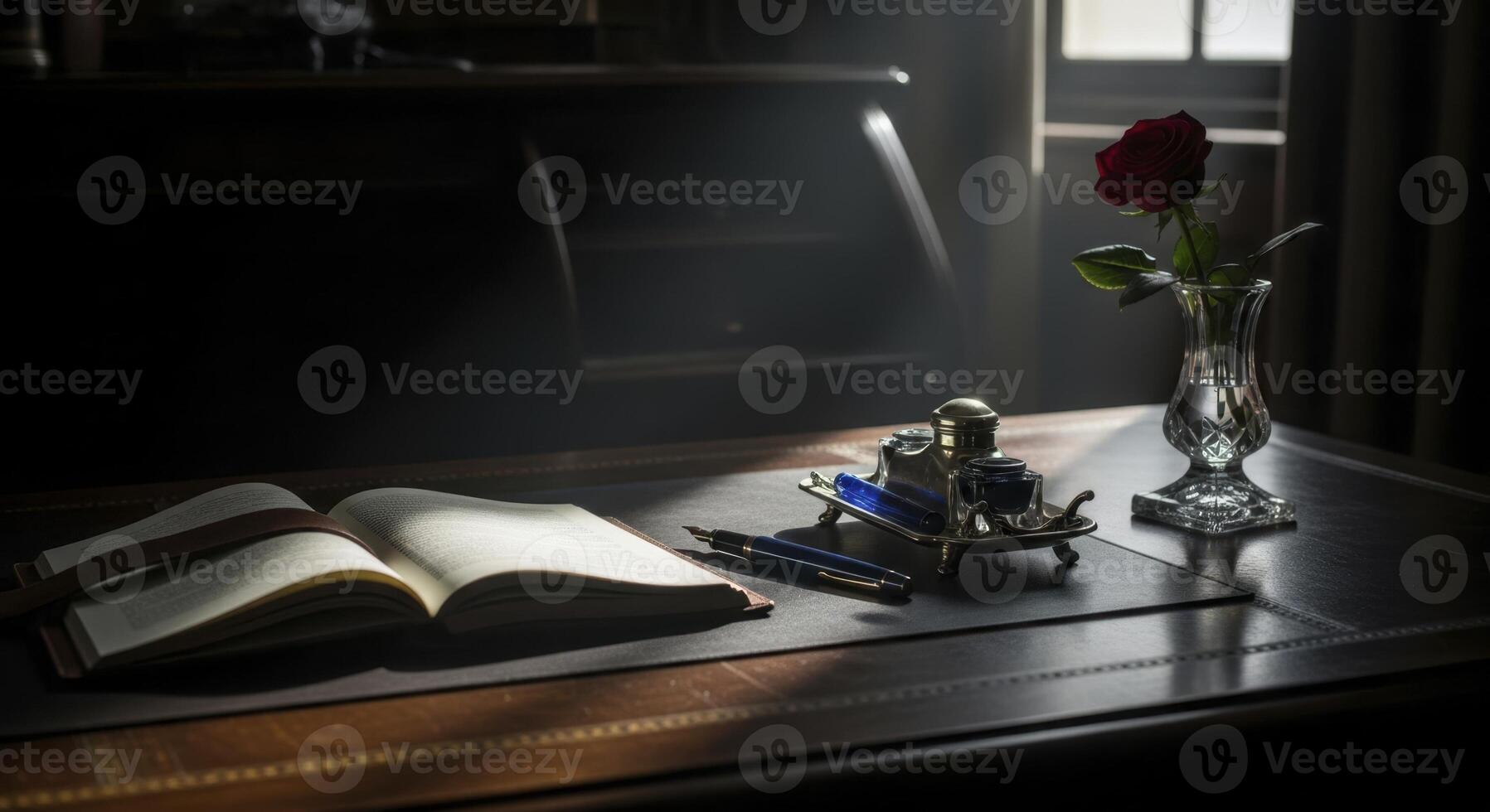 Antique executive desk with open book, fountain pen, inkwell, and red rose photo