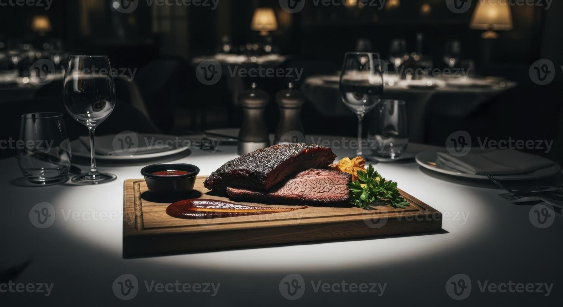 Meticulously plated smoked brisket on a rustic wooden board in a fine dining restaurant setting photo
