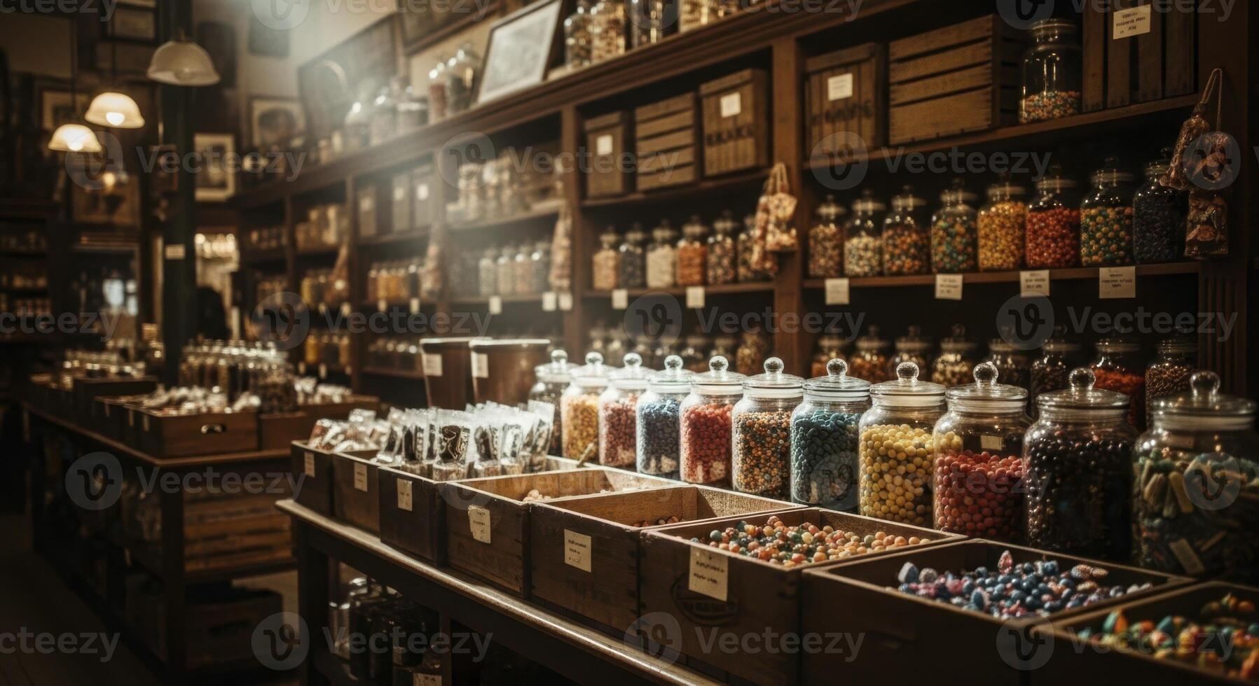 Old fashioned general store interior with colorful candies in jars and crates photo