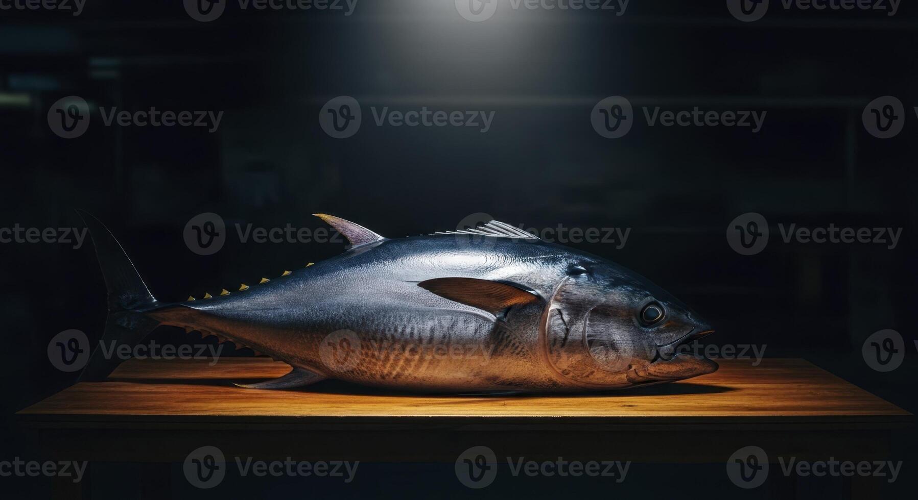 Magnificent whole fresh tuna fish on a wooden table with dramatic cinematic lighting photo