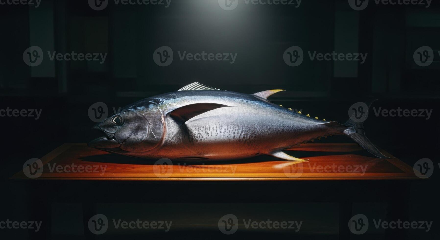 Magnificent whole tuna fish displayed on a wooden table with dramatic lighting photo