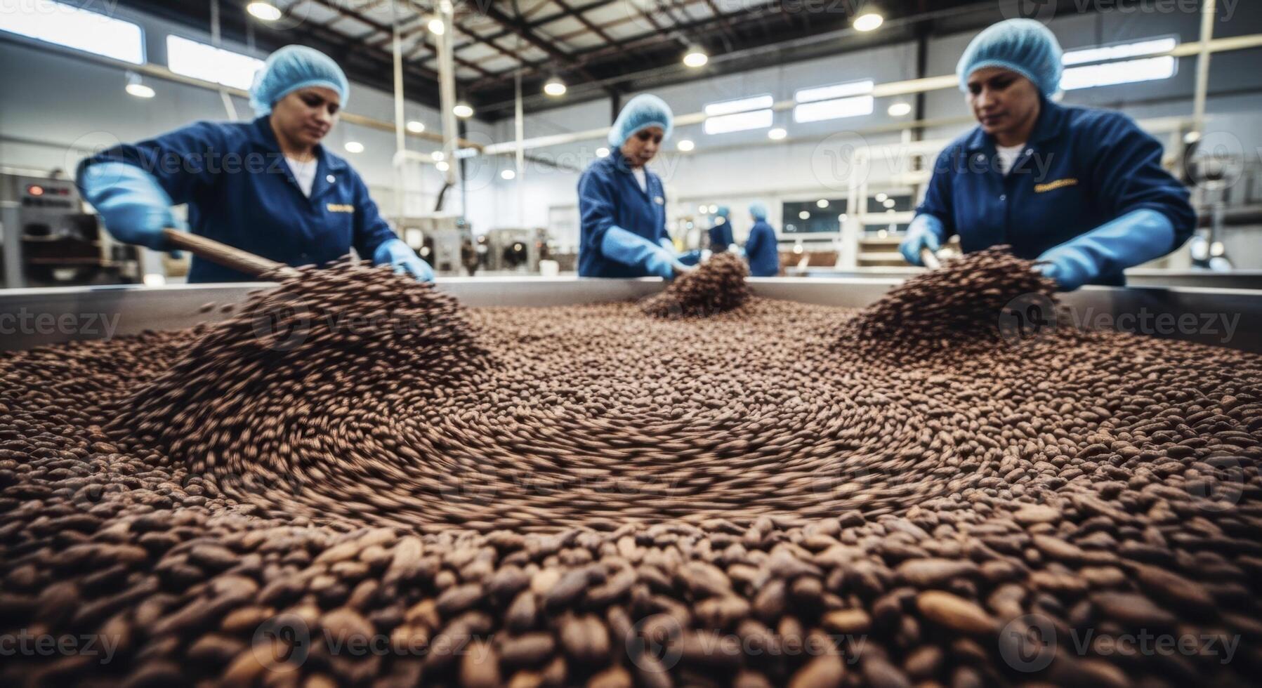 Industrial factory workers processing raw cocoa beans in a large vat photo