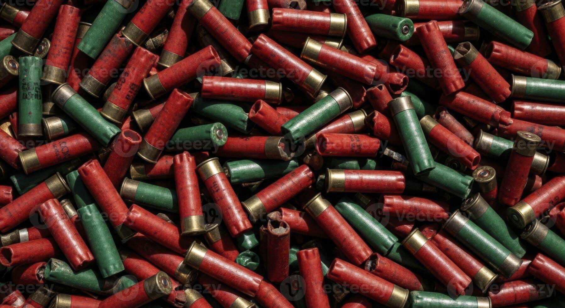 Large heap of spent red and green shotgun shells scattered on ground photo