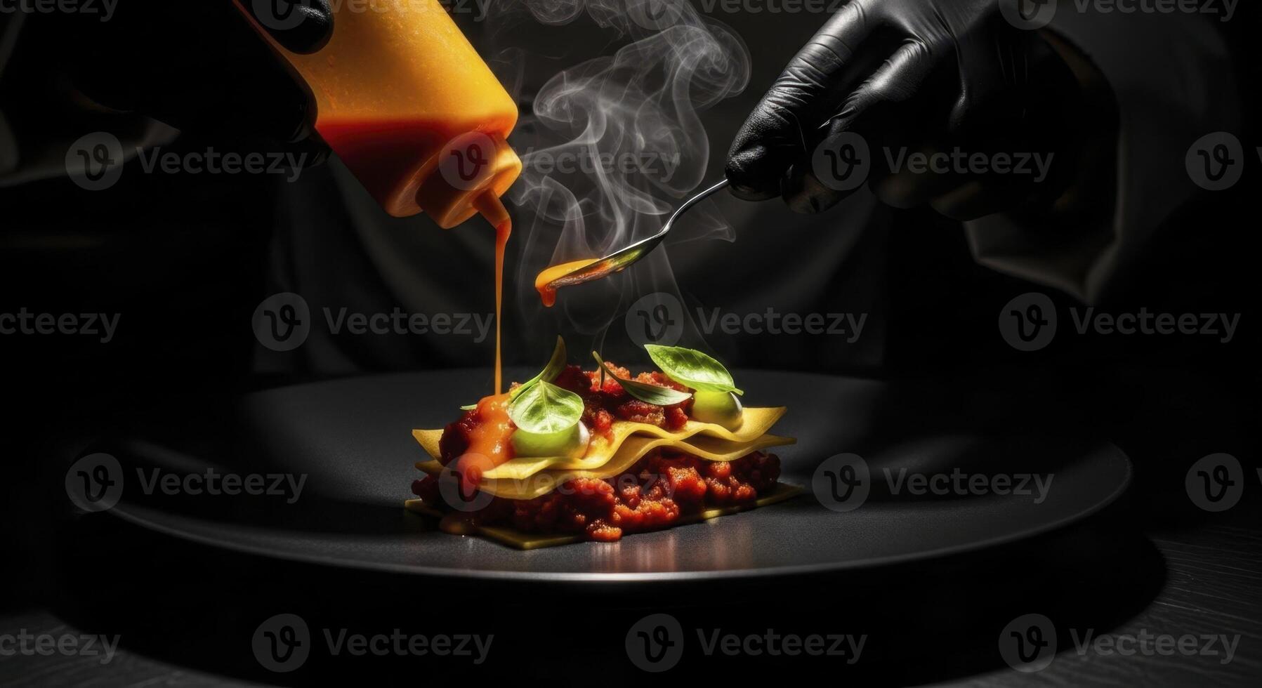 Professional chef gloved hands meticulously drizzling sauce over a gourmet lasagna dish with rising steam photo