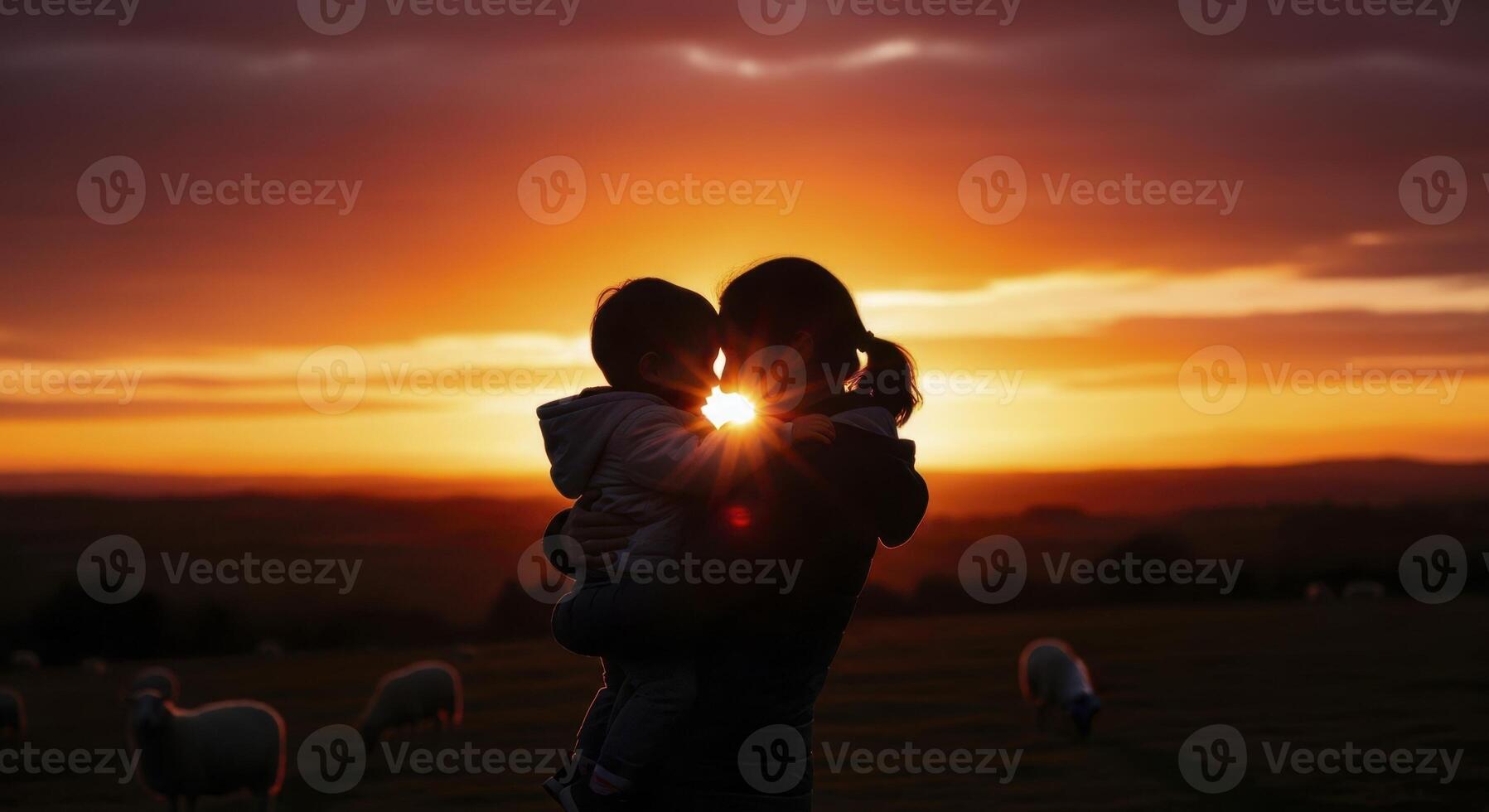 Tender embrace of mother and child silhouetted against a vibrant sunset sky photo