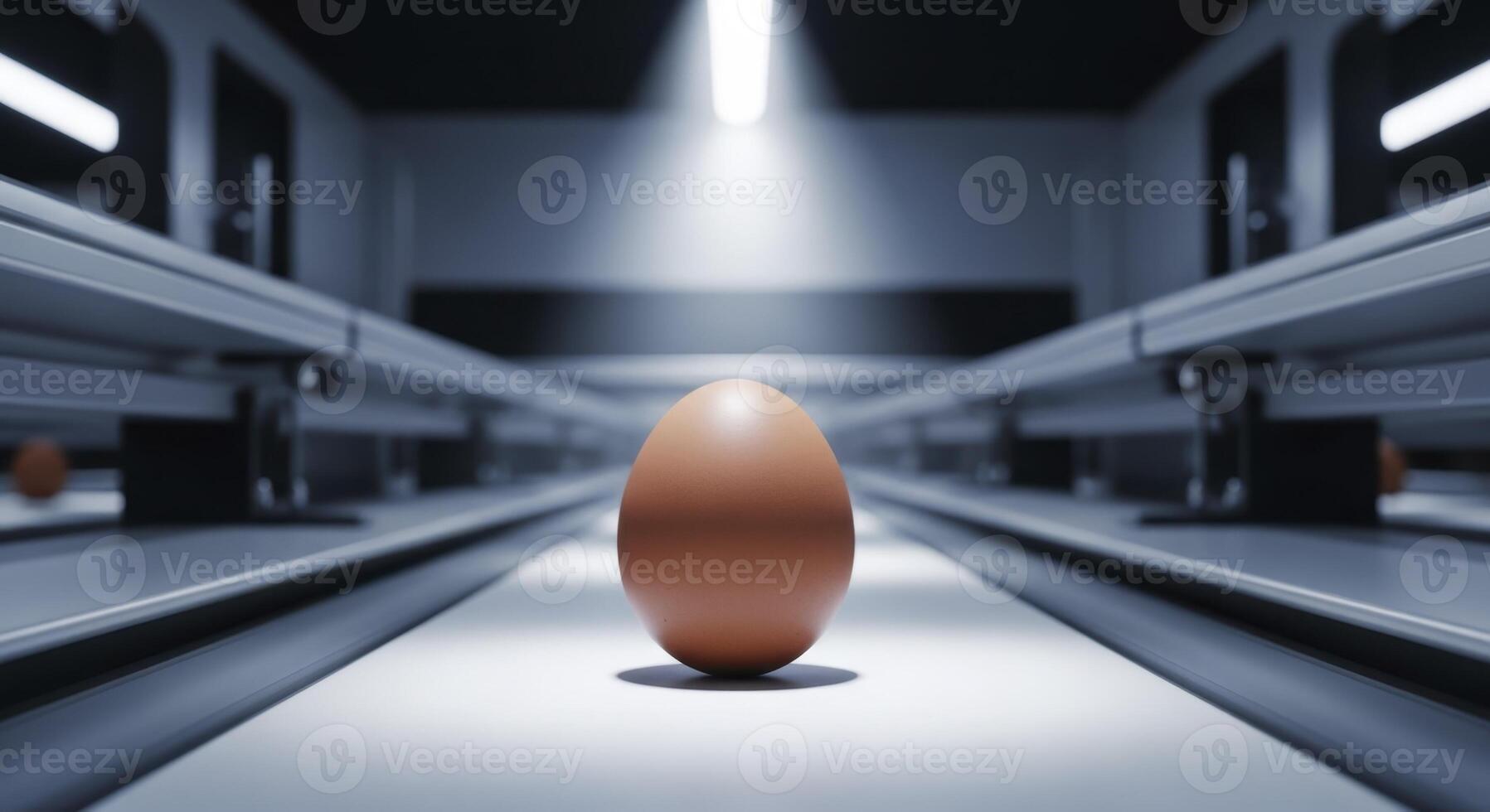 Single brown egg on futuristic conveyor belt under spotlight in automated factory setting photo