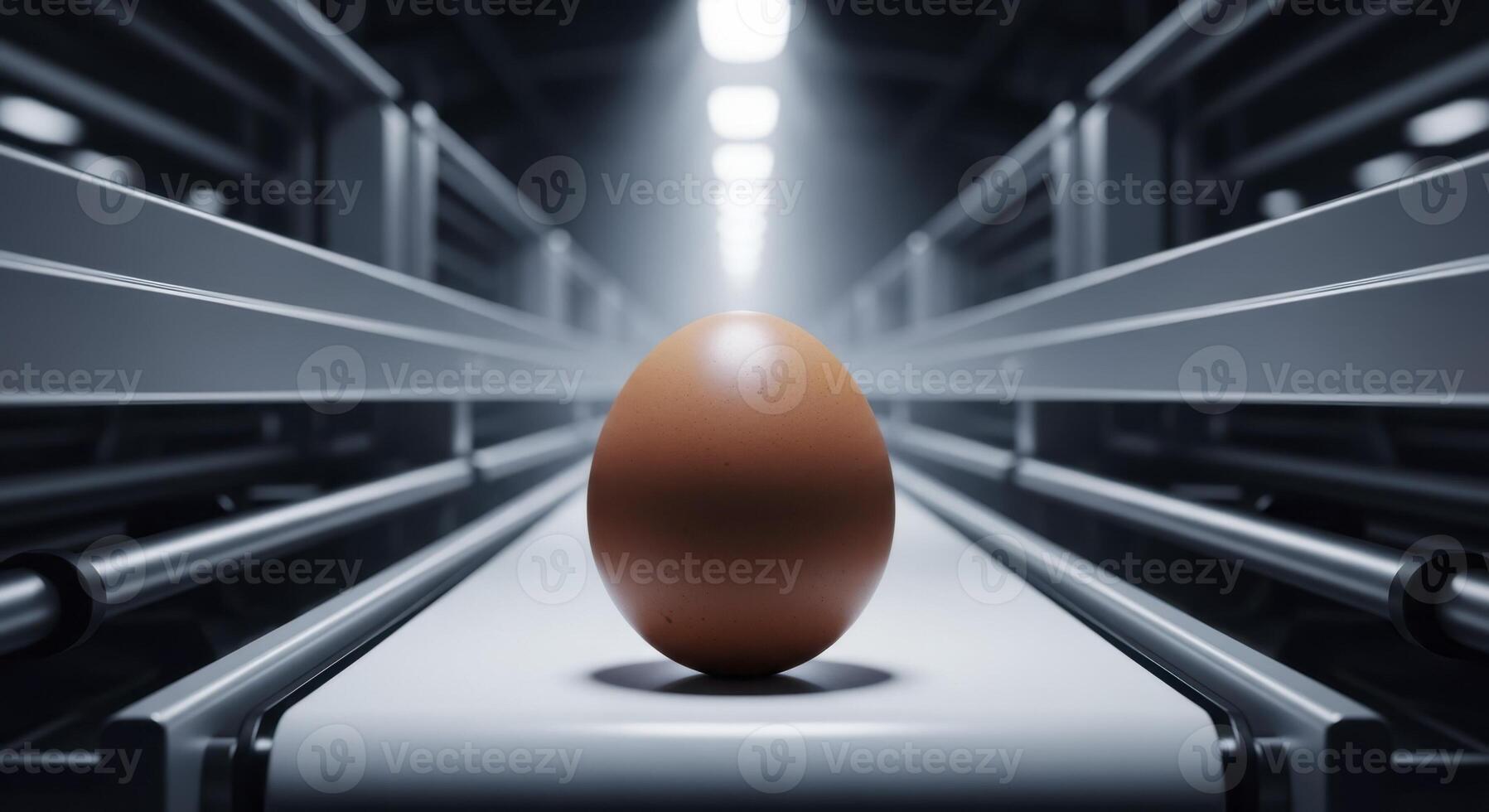 Single brown egg on a futuristic industrial conveyor belt in a modern factory photo