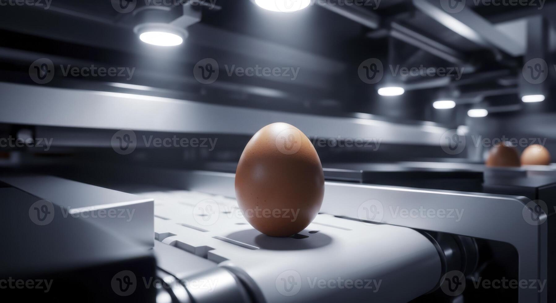 Single brown egg on a futuristic conveyor belt in a high tech food production facility. photo