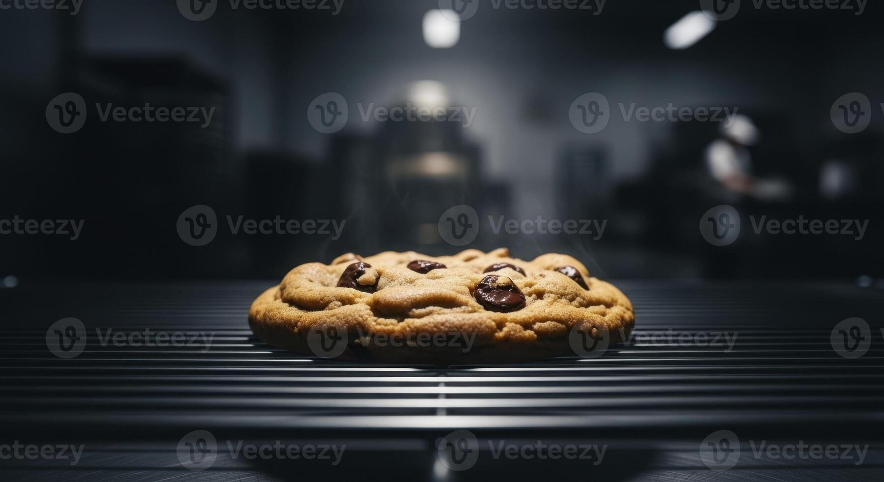 Warm freshly baked chocolate chip cookie on a cooling rack in a dark setting photo