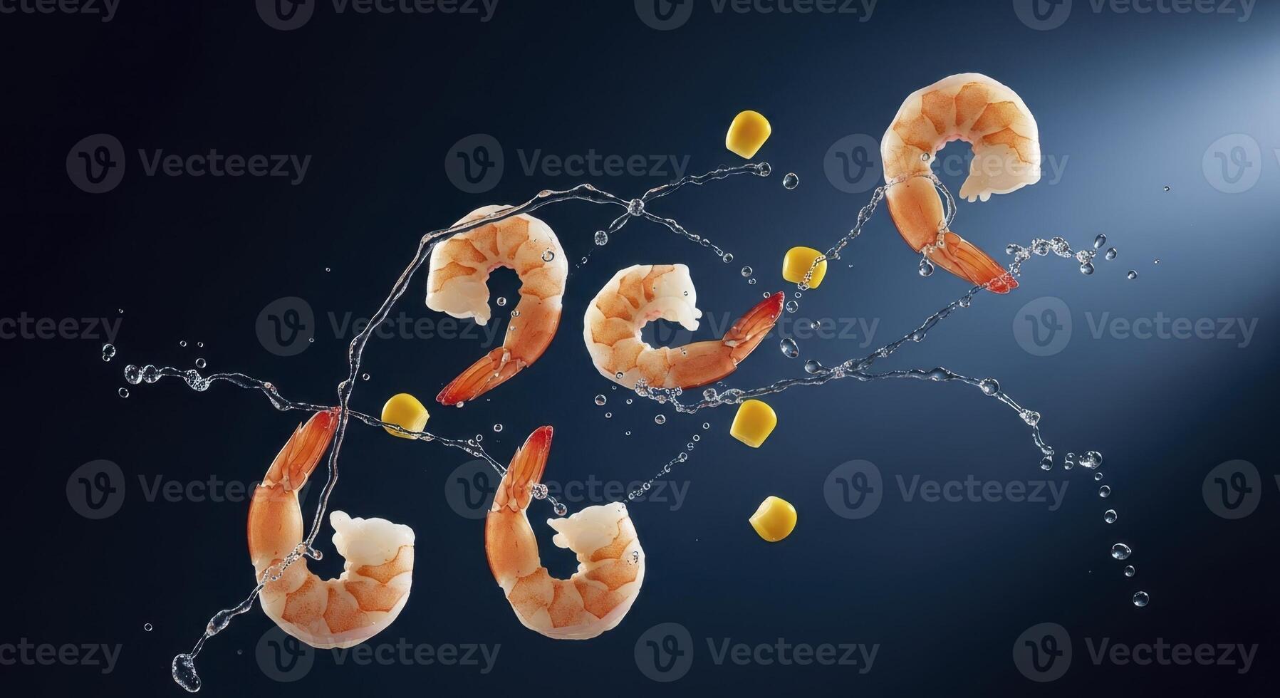 Dynamic shot of fresh peeled shrimp and sweet corn kernels with water splashes photo