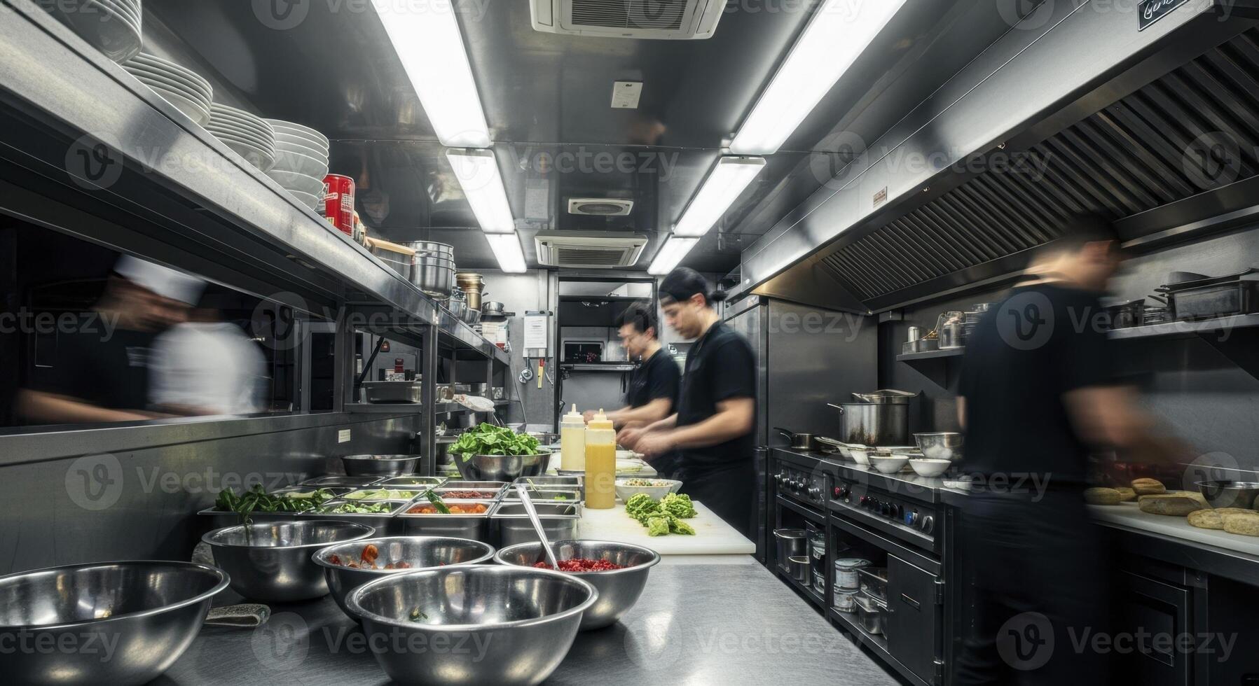 Dynamic scene of chefs preparing food in a modern, stainless steel commercial kitchen. photo