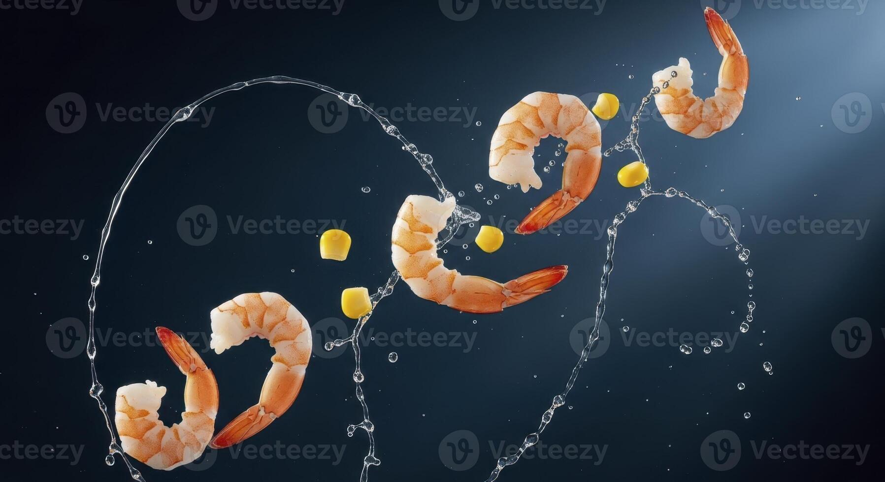 Dynamic cooked peeled shrimp and sweet corn kernels with water splash on dark background photo