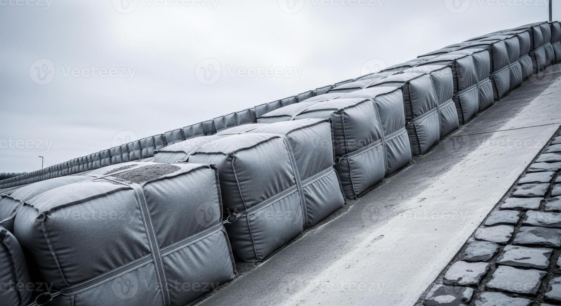 Modern modular flood barrier system with interlocking sand cubes for water protection photo