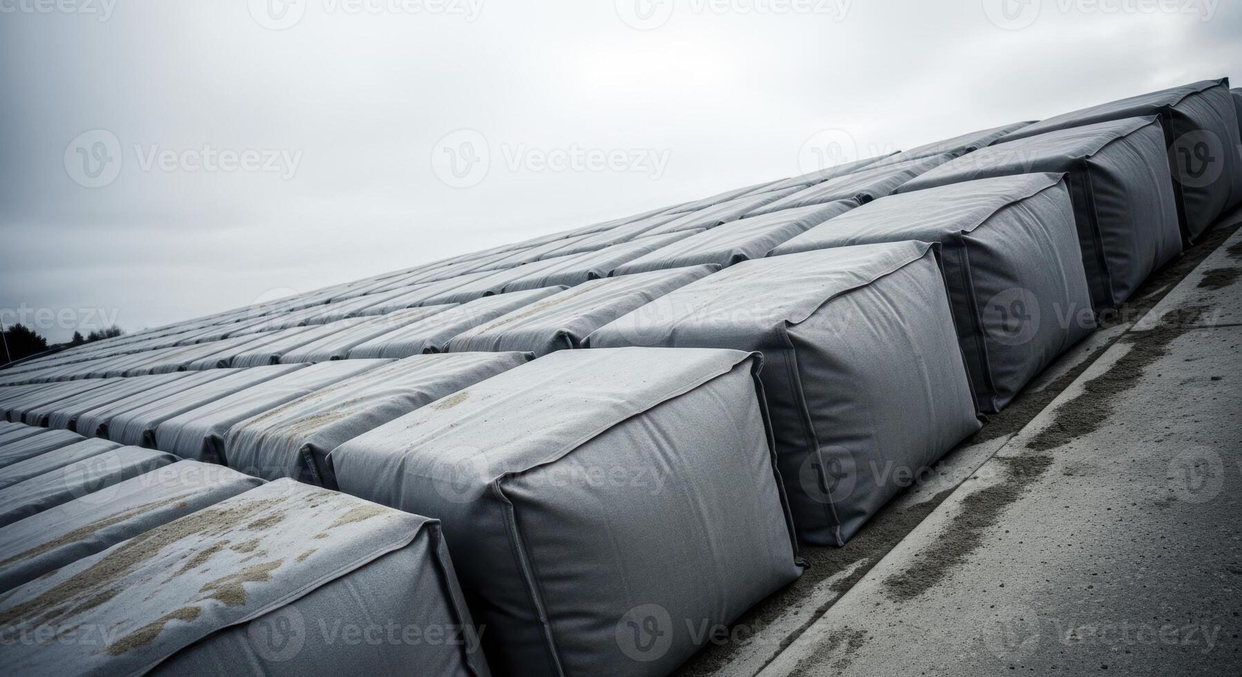 Modern modular flood barrier system with large sand filled cubes protecting against water photo