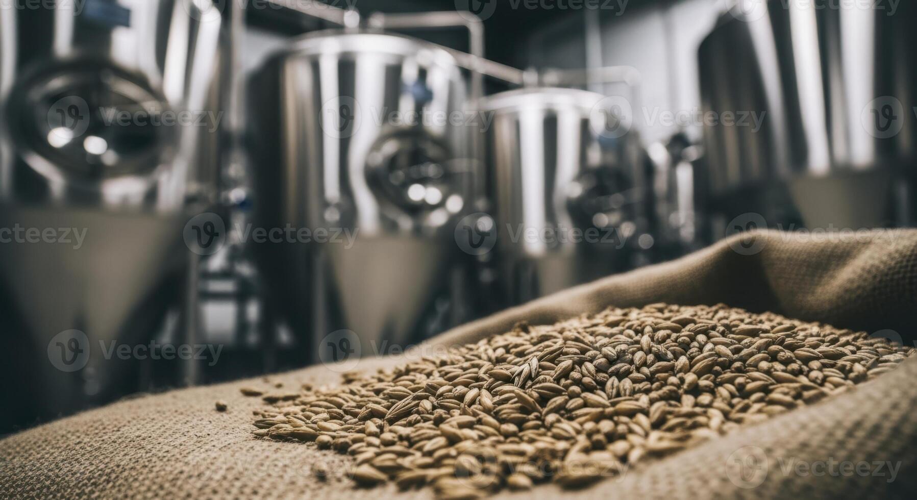 Close up of malted barley grains on burlap sack with brewery fermentation tanks photo