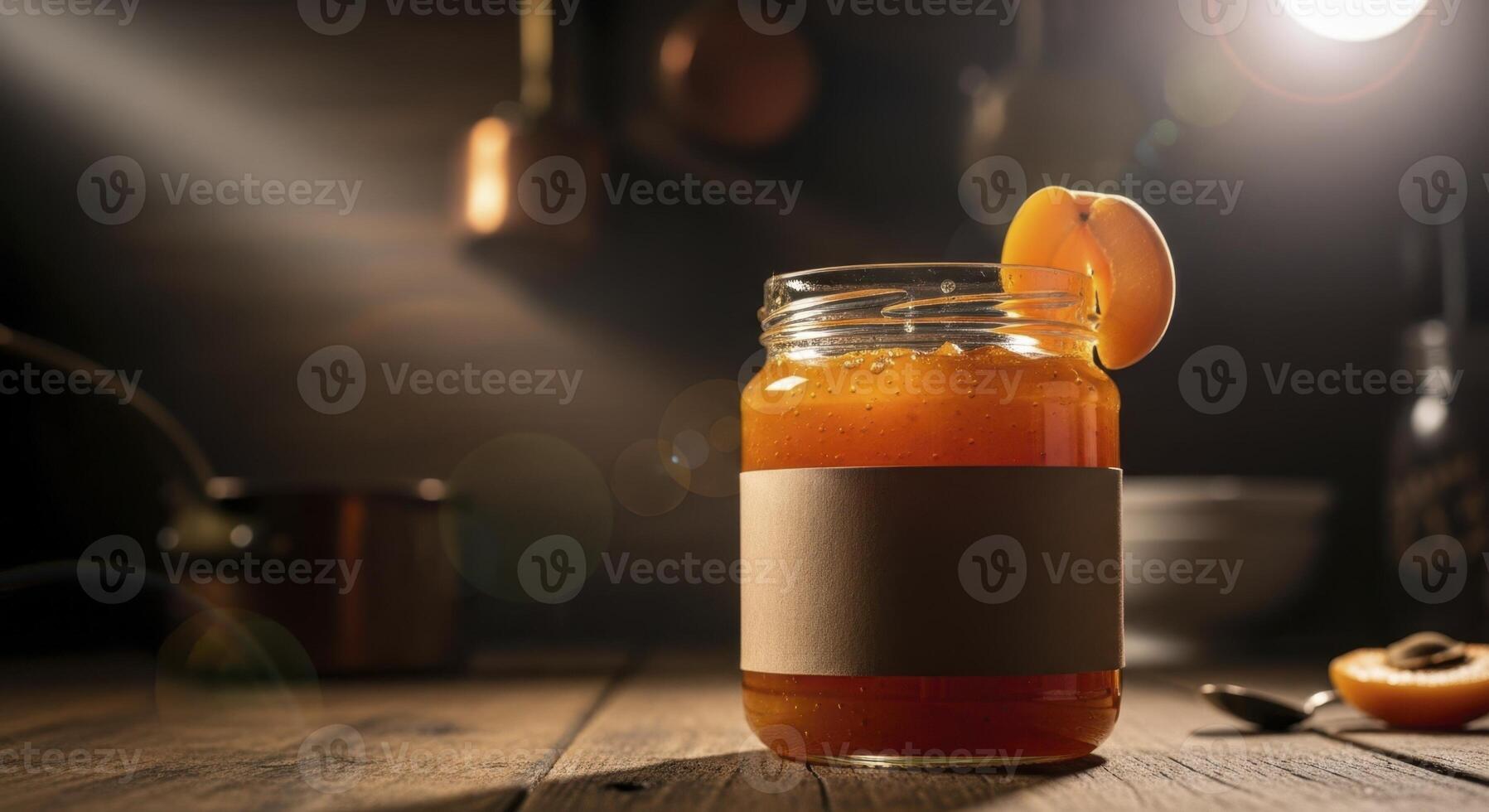 Artisanal apricot jam jar with ripe fruit slice on rustic wooden table photo