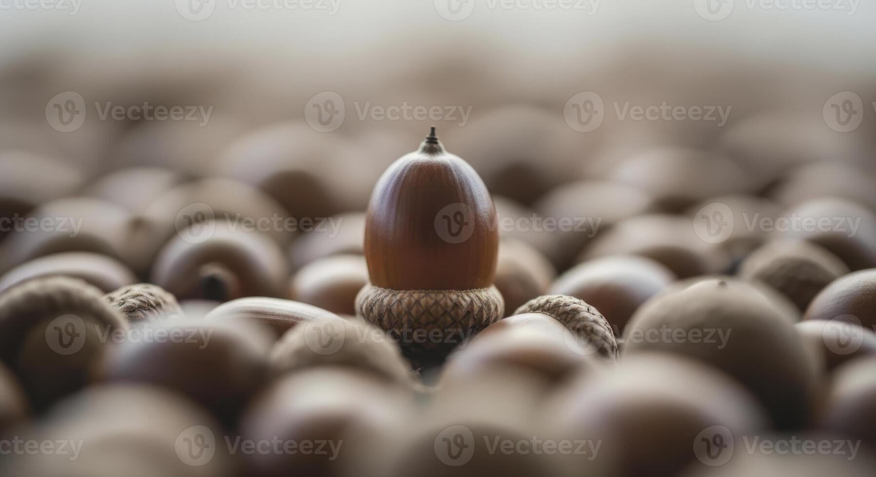 Single glossy oak acorn standing out among many blurred acorns in a macro shot photo