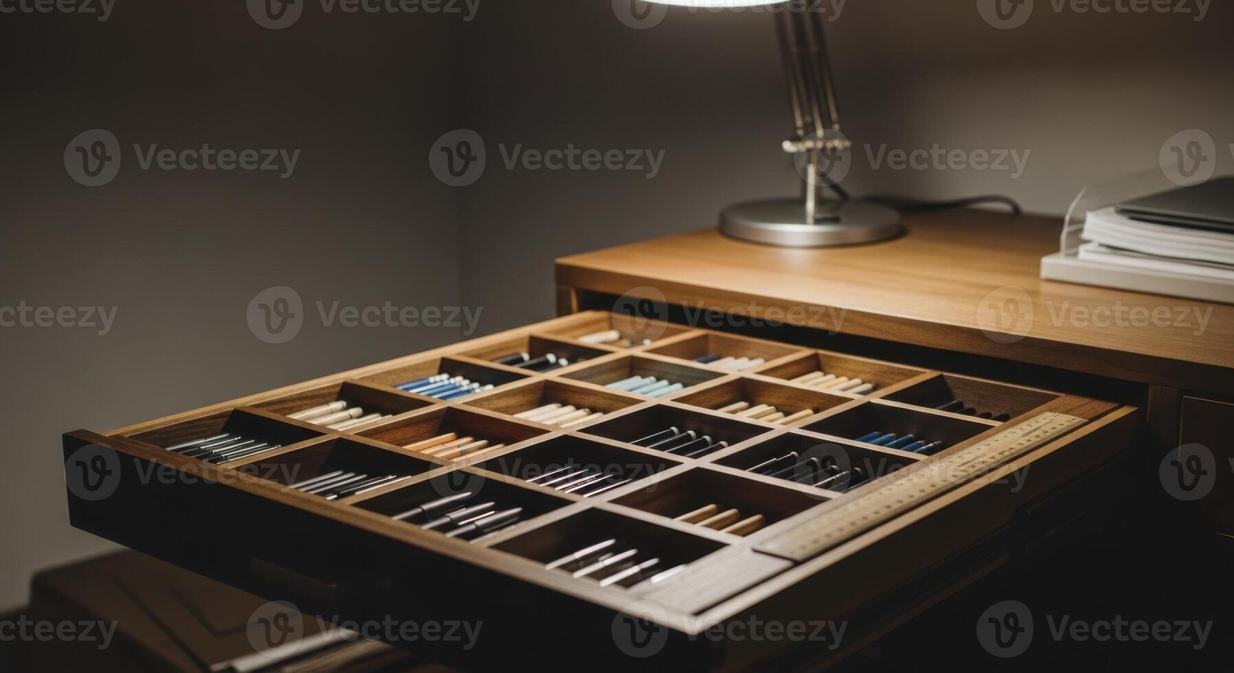 Organized wooden desk drawer with pens, pencils, and stationery in a home office photo