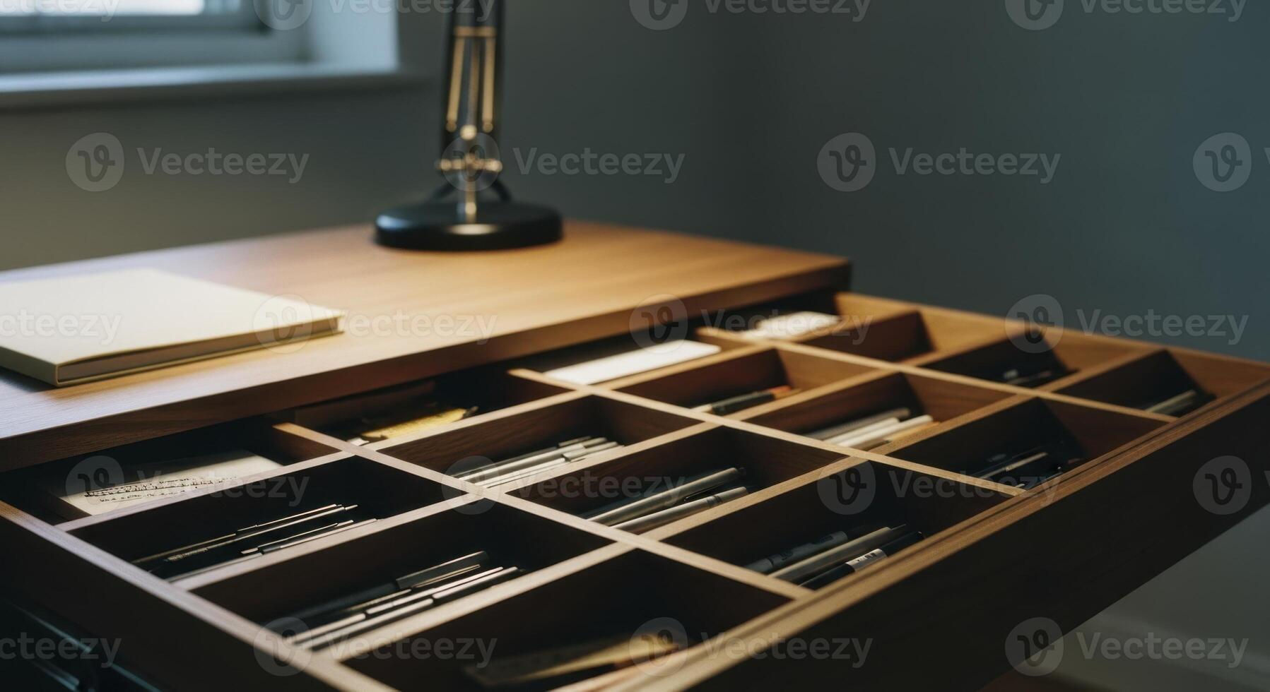 Organized wooden desk drawer with pens and stationery in a professional office setting photo