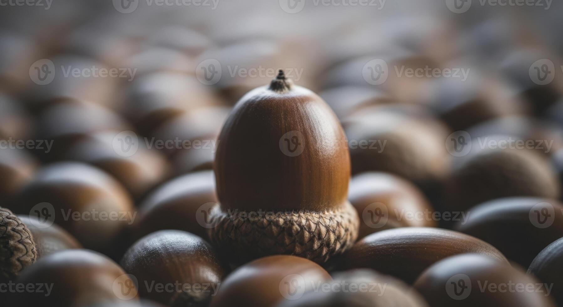 Single glossy oak acorn standing tall among blurred acorns in natural setting photo