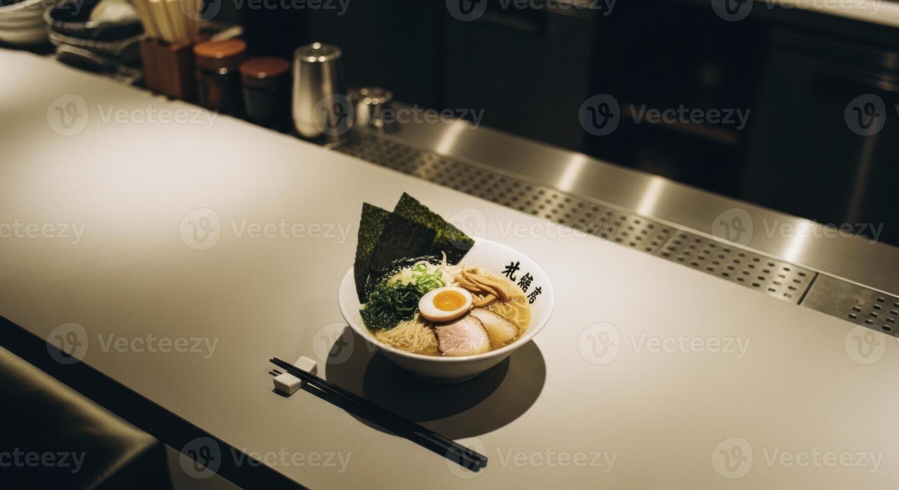 Perfectly prepared bowl of traditional japanese ramen with egg and pork on a sleek modern bar counter photo