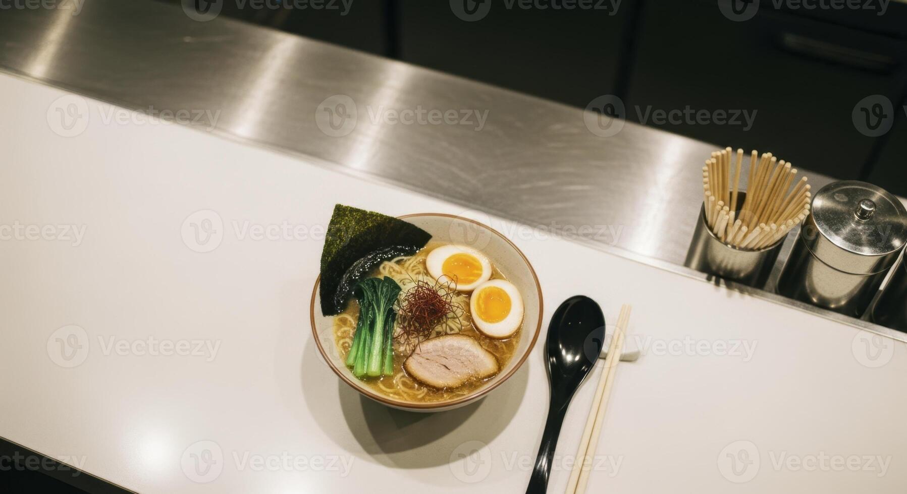 Minimalist overhead view of a fresh ramen bowl with pork, egg, and nori at a modern bar. photo