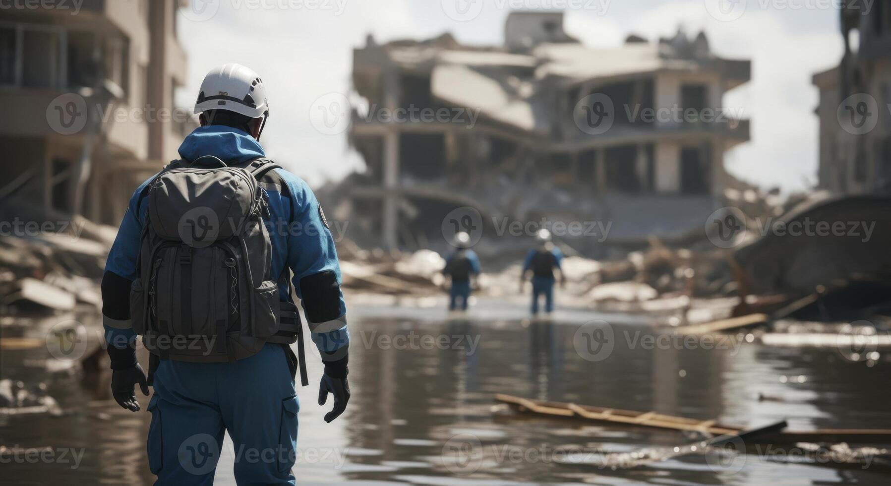 Man in blue protective suit and helmet surveys flooded urban disaster zone photo