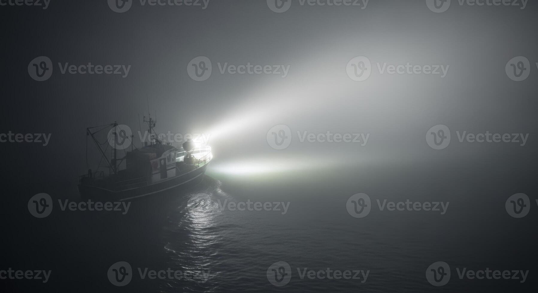 Isolated fishing boat navigating through dense fog at night with bright searchlight photo