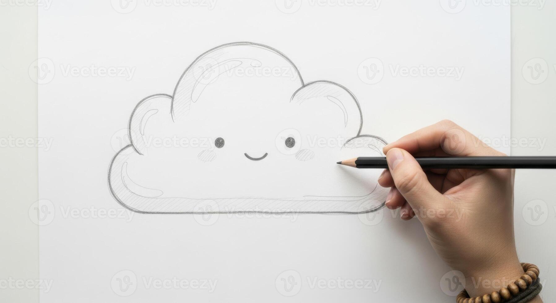 Hand sketching a minimalist cartoon cloud with a friendly smiling face photo