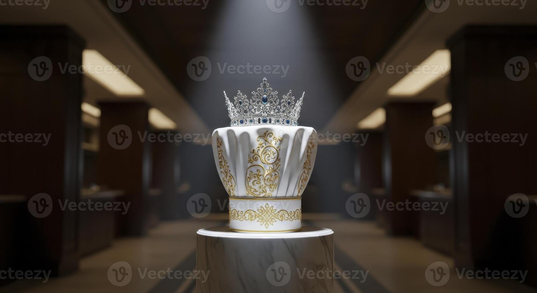 Majestic chef hat with sparkling royal crown on a pedestal in a grand hall photo