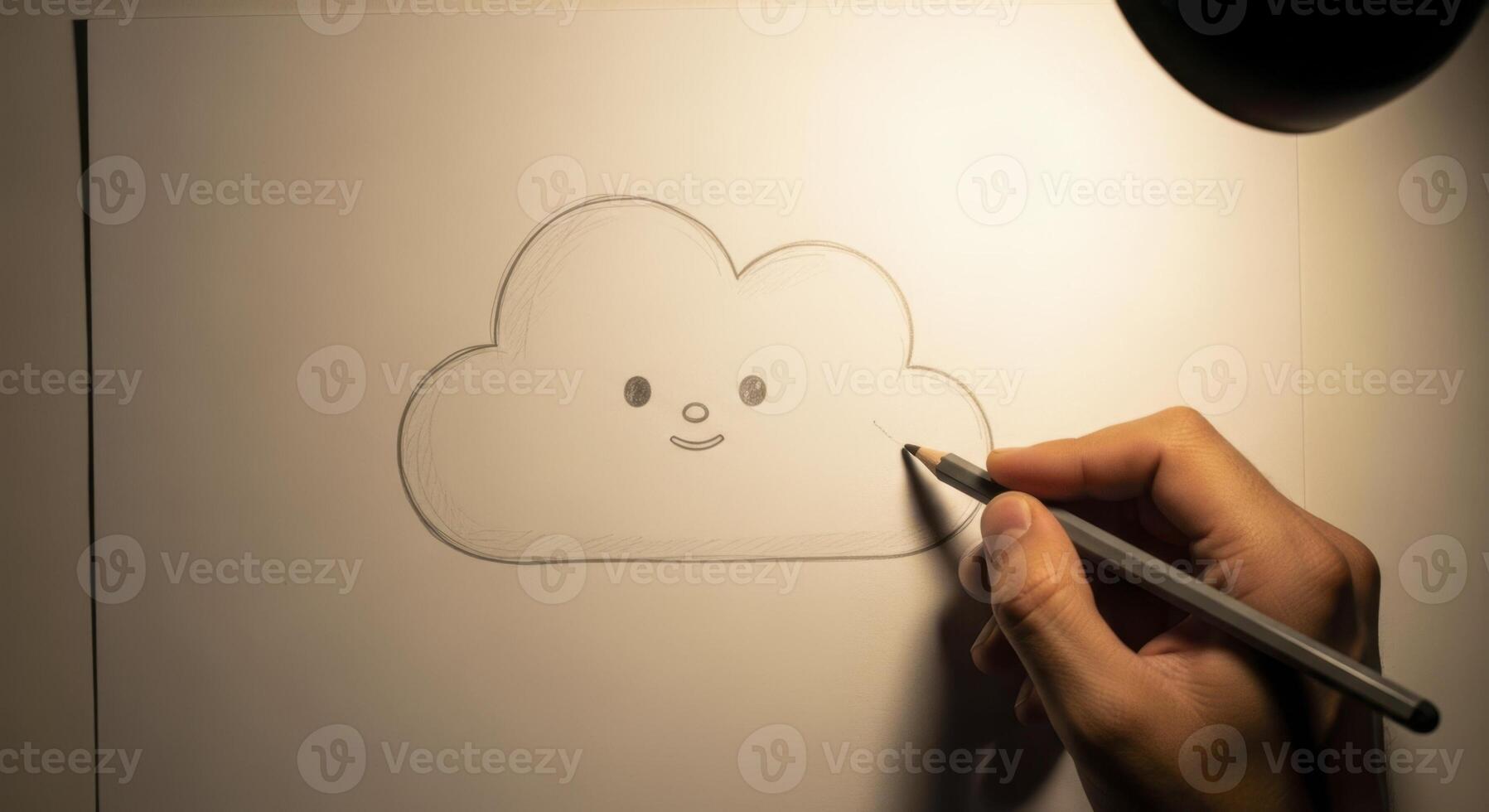 Hand drawing a minimalist cartoon cloud with a friendly face on white paper photo