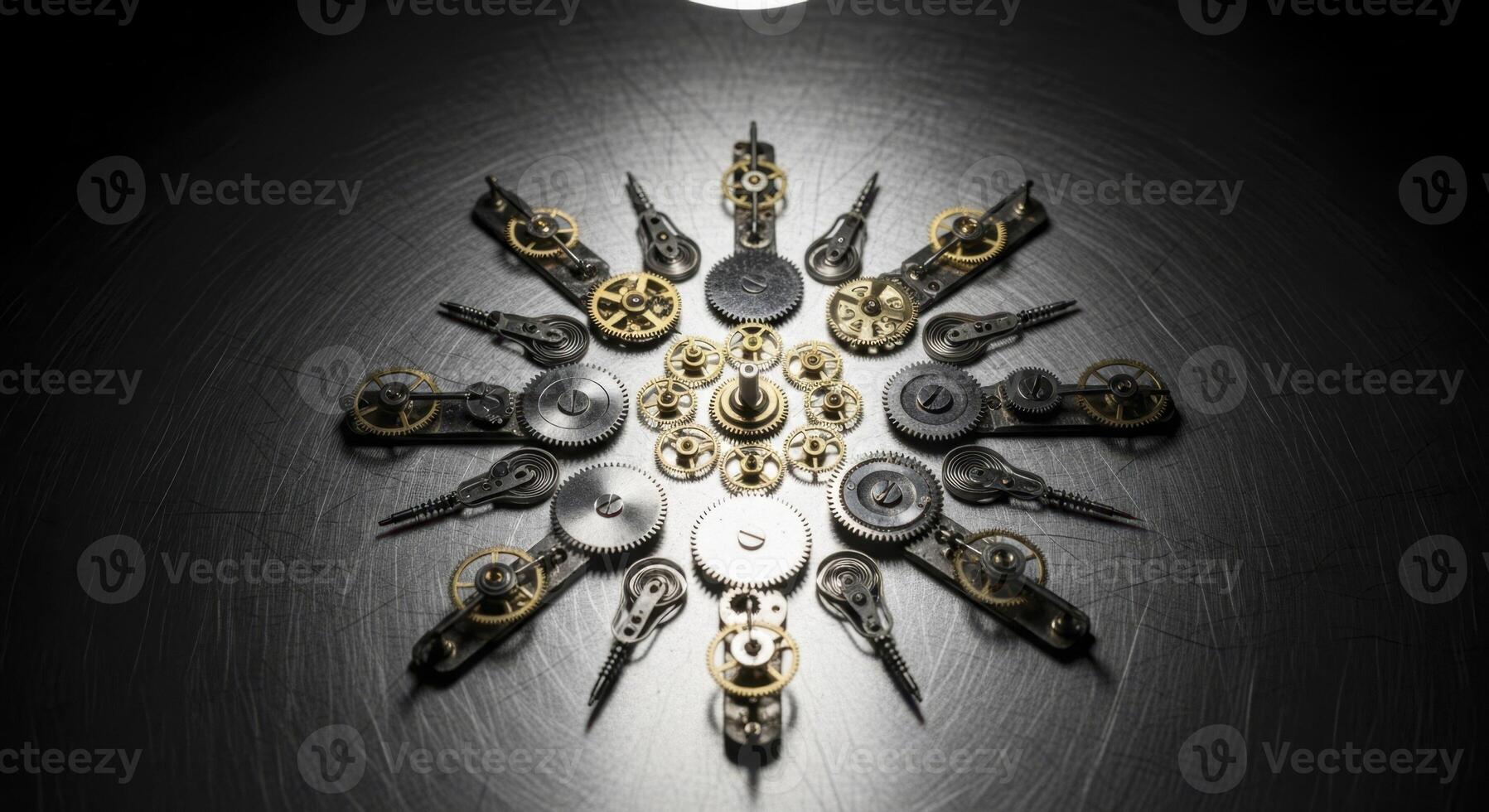 Top down view of vintage watch gears and springs arranged in a radial star pattern on a dark metal surface photo