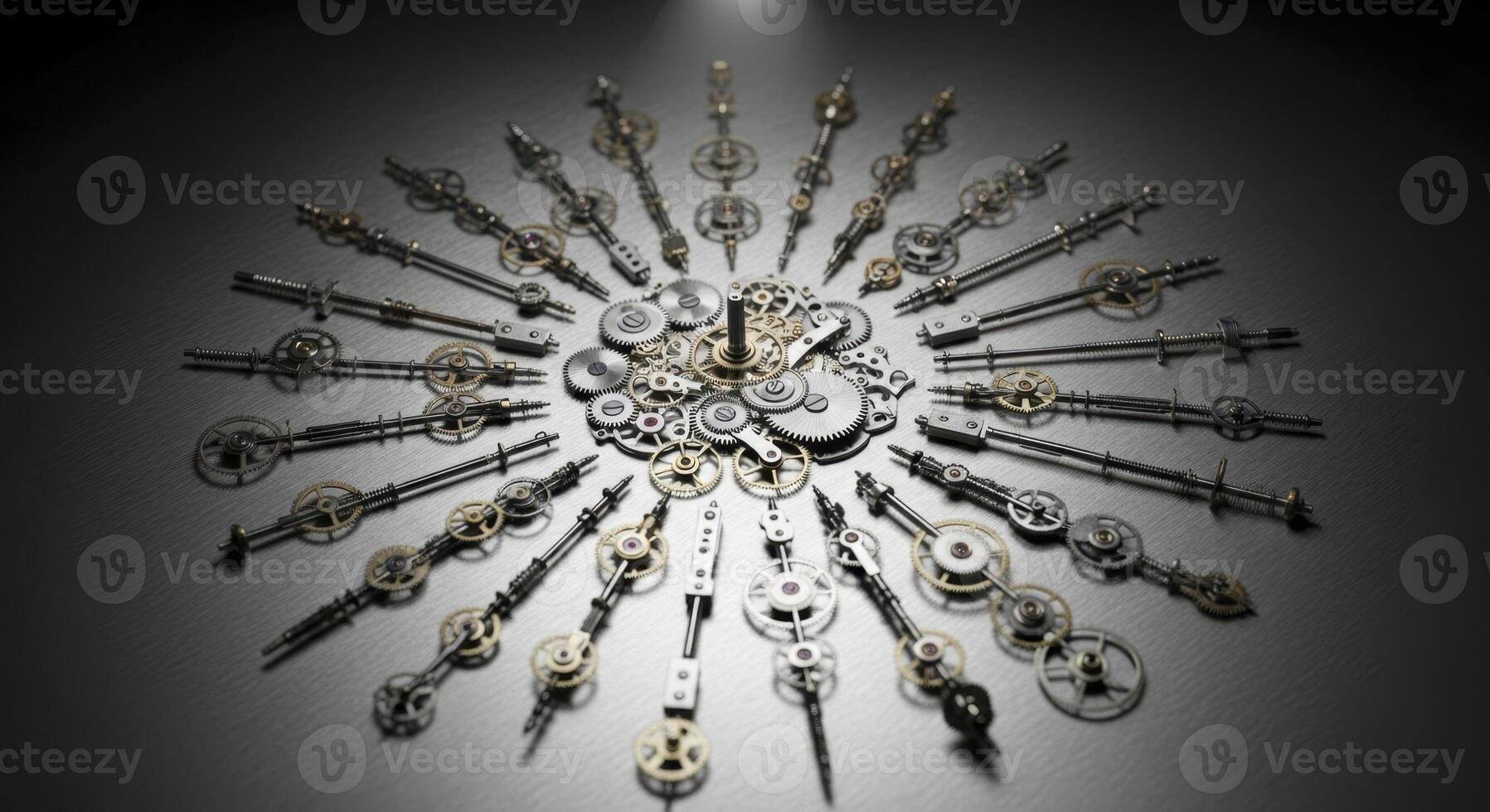 Vintage watch gears and mechanical parts arranged in a radial star pattern photo