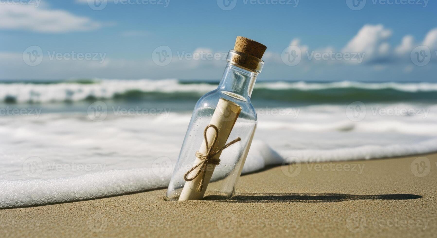 Message in a bottle washed ashore on a sunny sandy beach with ocean waves photo