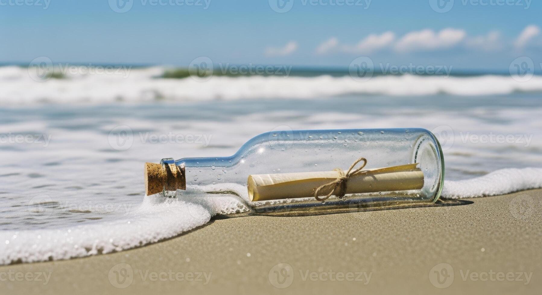 Message in a bottle with a parchment scroll washed ashore on a sunny beach. photo