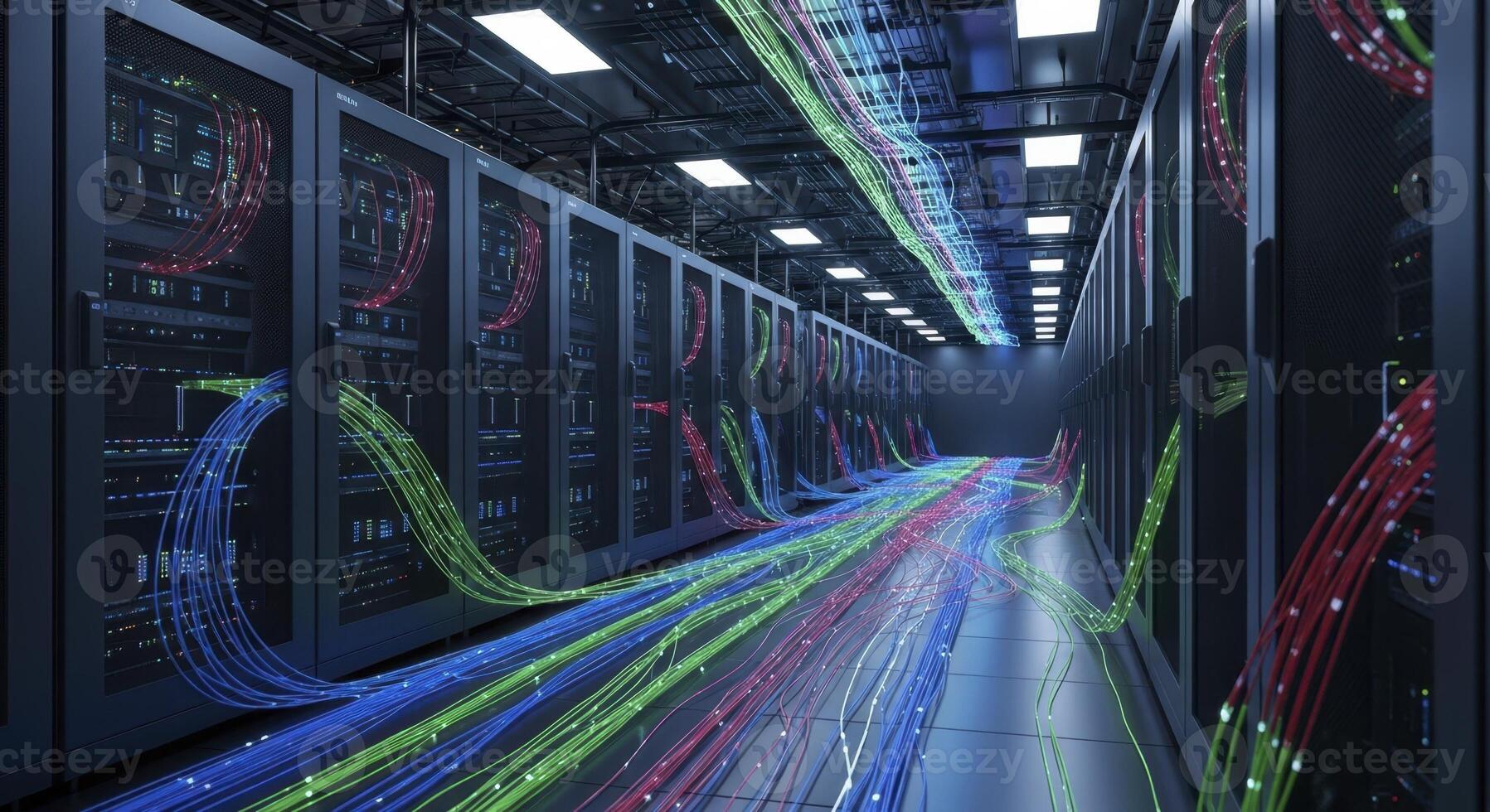 Futuristic data center hallway with colorful glowing fiber optic cables and server racks photo