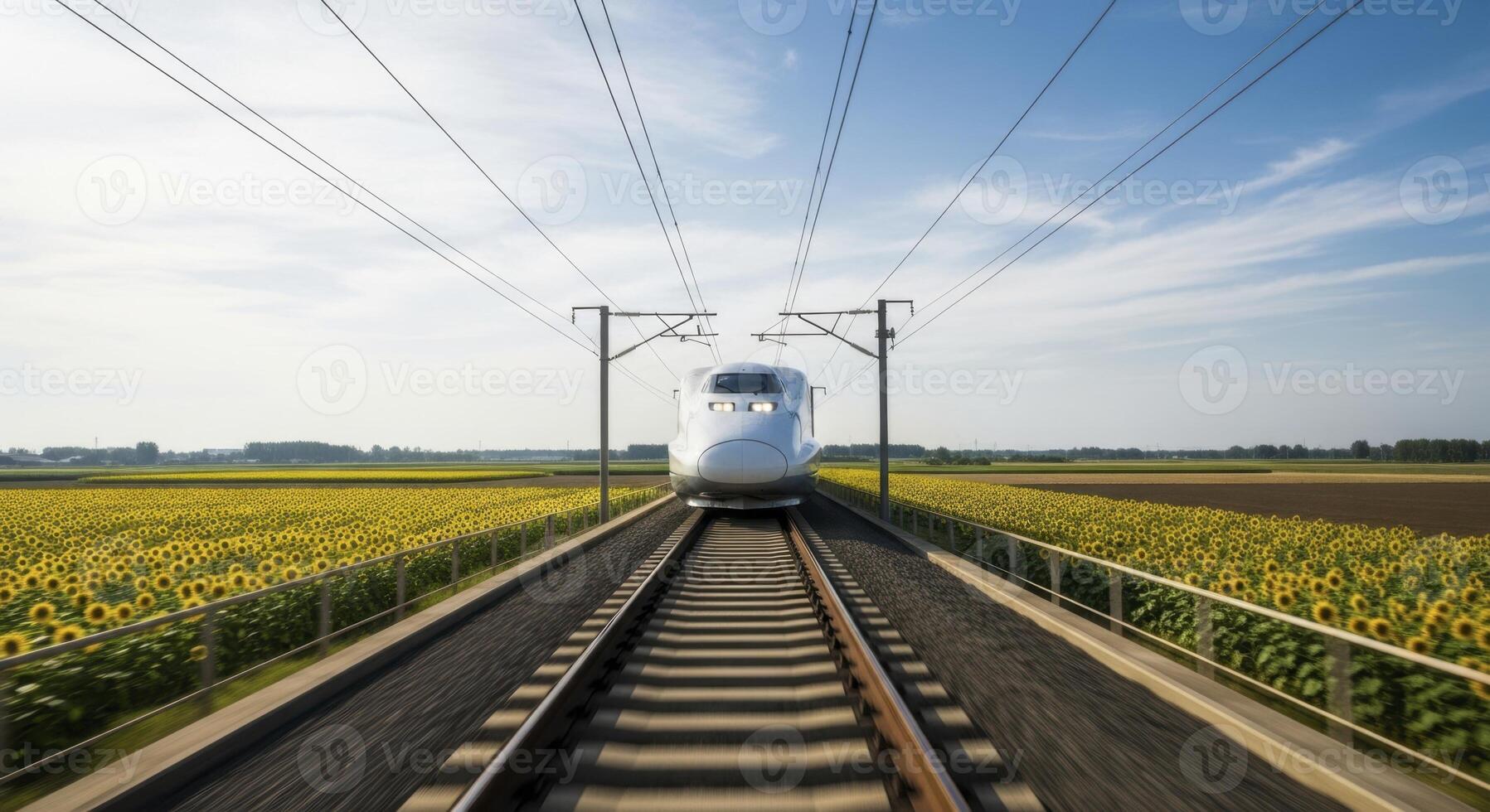 High speed bullet train speeding on tracks through a vibrant sunflower field under blue sky photo