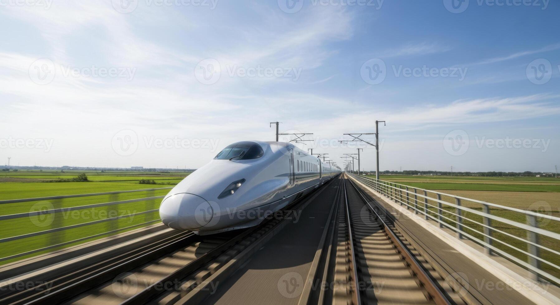 Sleek white bullet train speeding on elevated railway through green fields photo