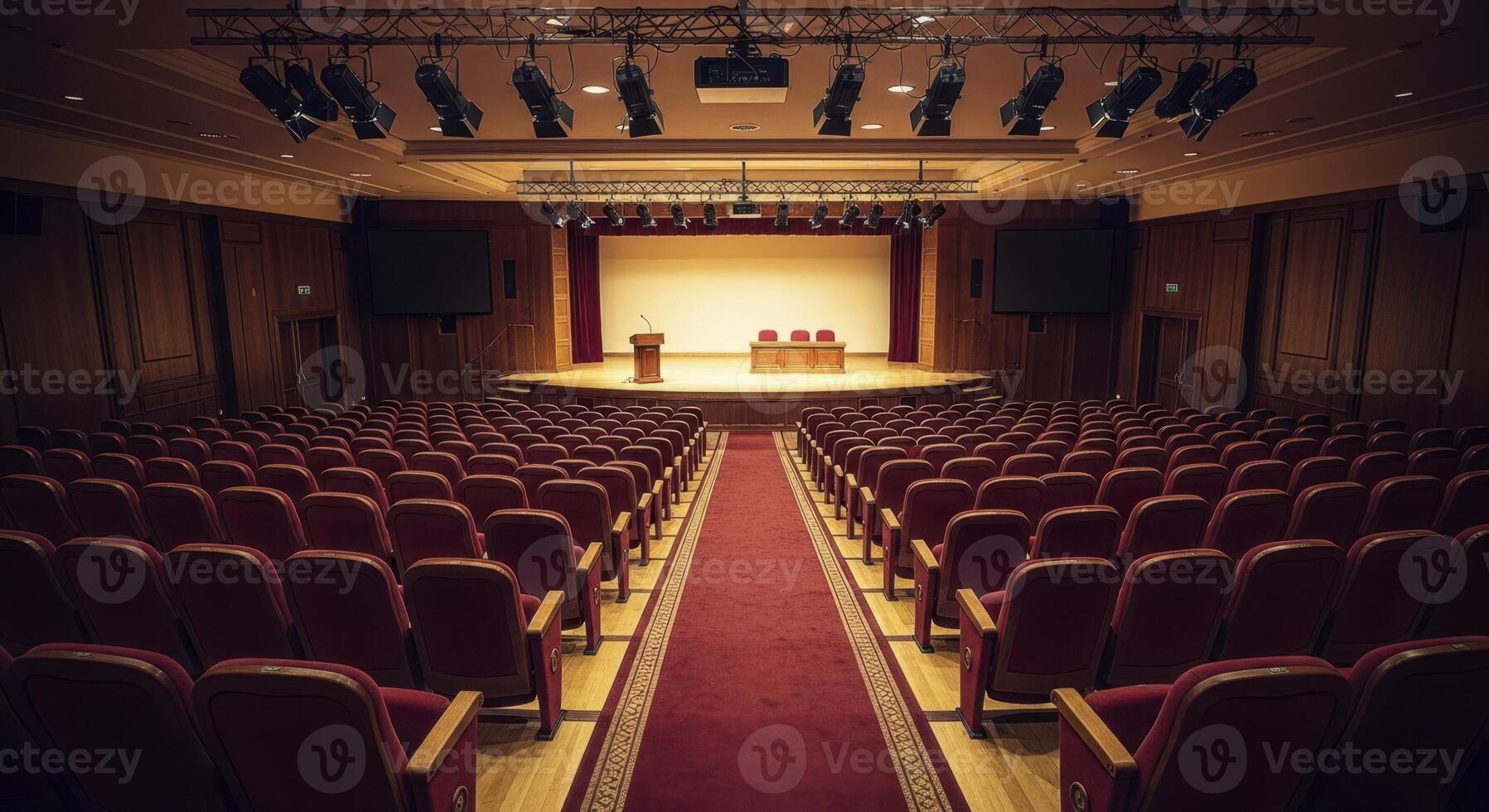 Empty grand lecture hall with red seats and stage ready for a conference or event photo