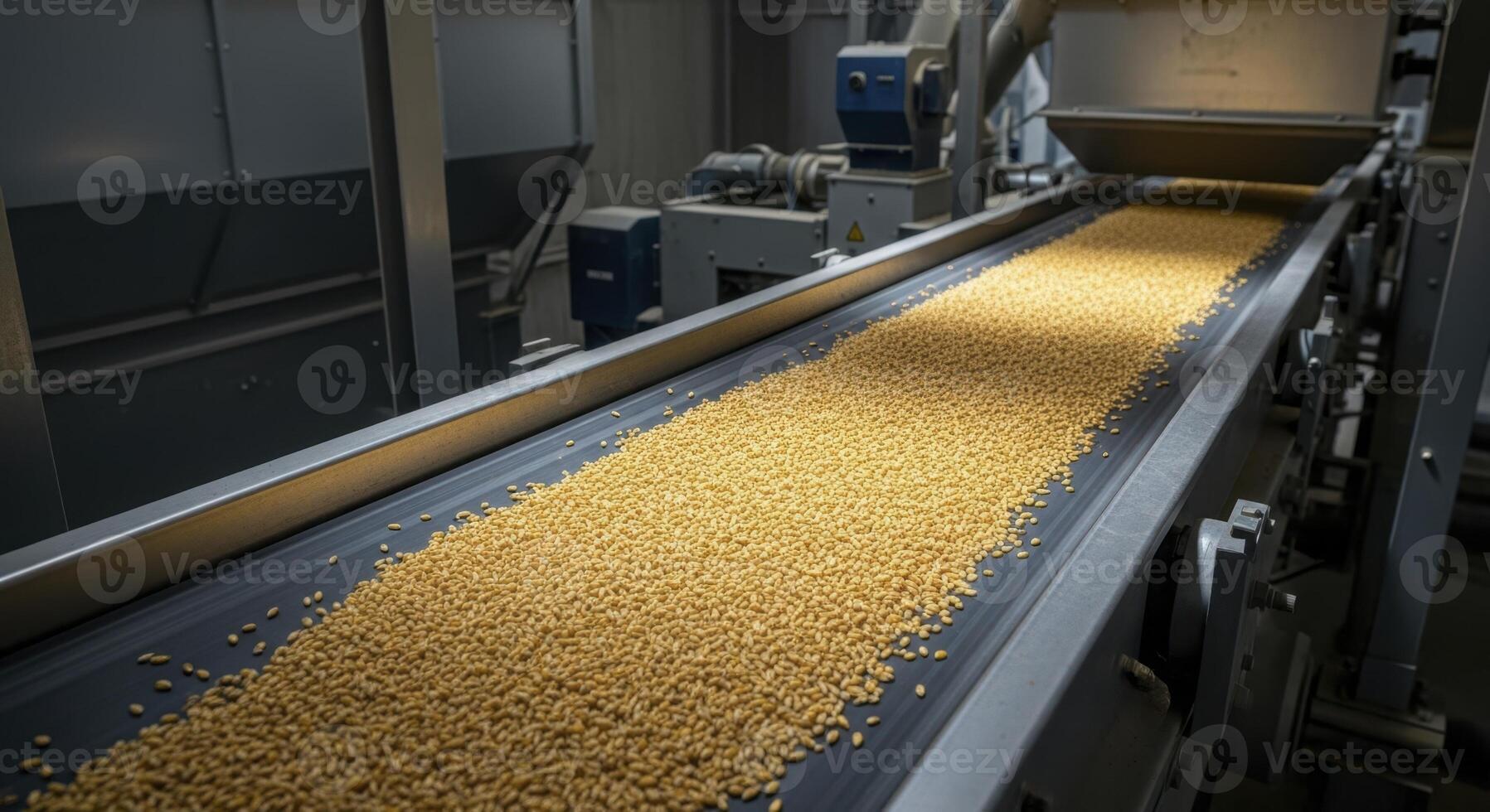 Golden grain kernels moving on a conveyor belt in a modern agricultural processing plant photo