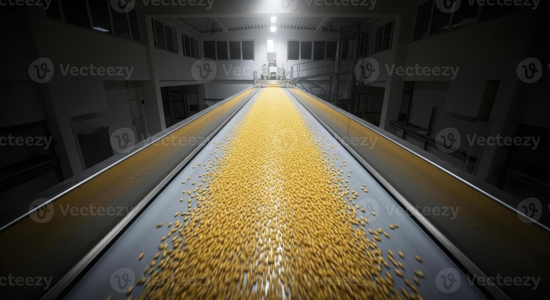 Yellow grains moving on a long conveyor belt in a modern industrial processing plant photo