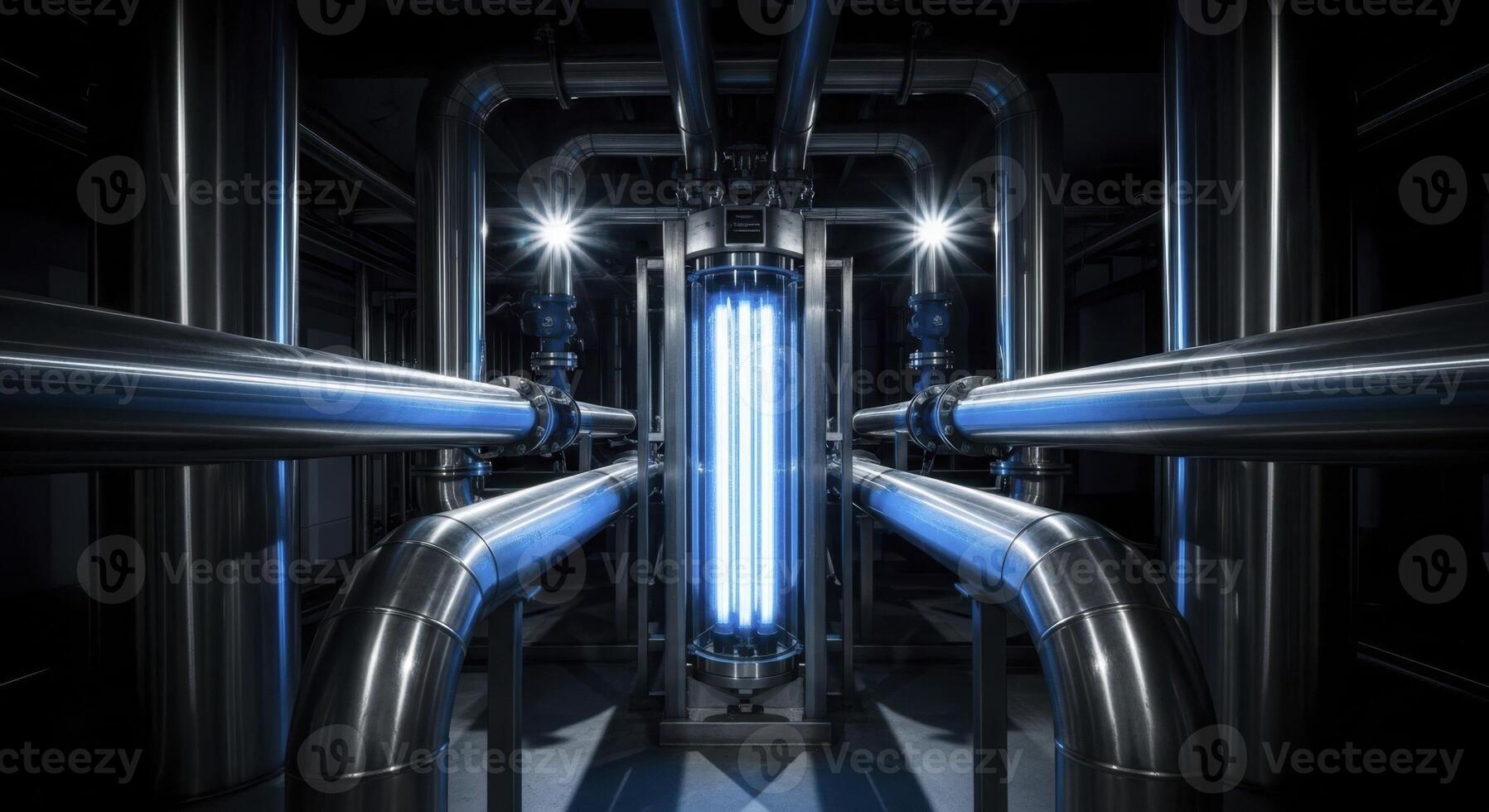 Industrial stainless steel pipelines converging with bright blue light source photo